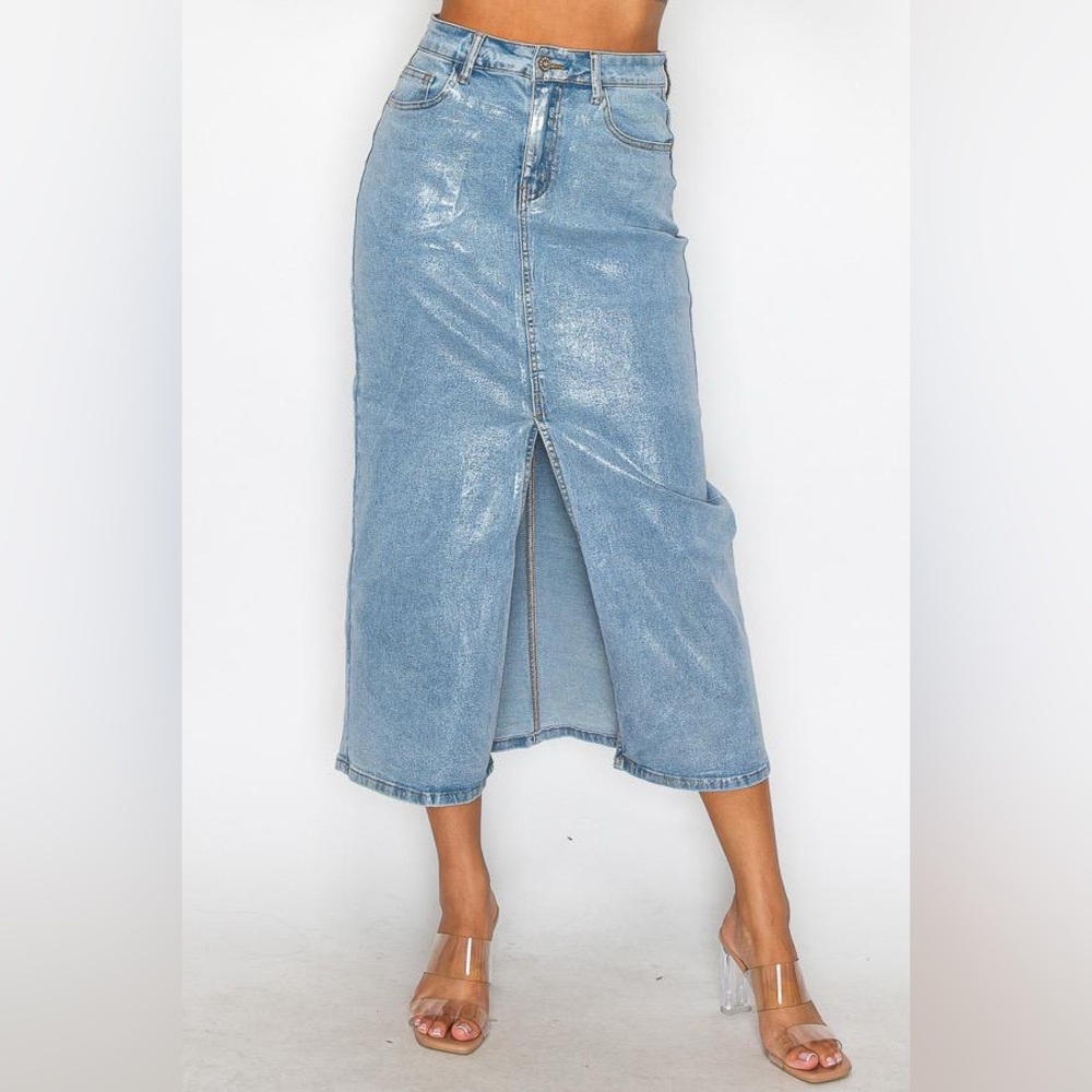 Chic Blue Denim Silver Shimmer Maxi Skirt